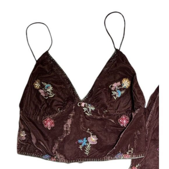 Free People Sz M Sonja Skirt Tank Set Maxi Brown Velvet Floral Boho Festival New - Picture 6 of 10